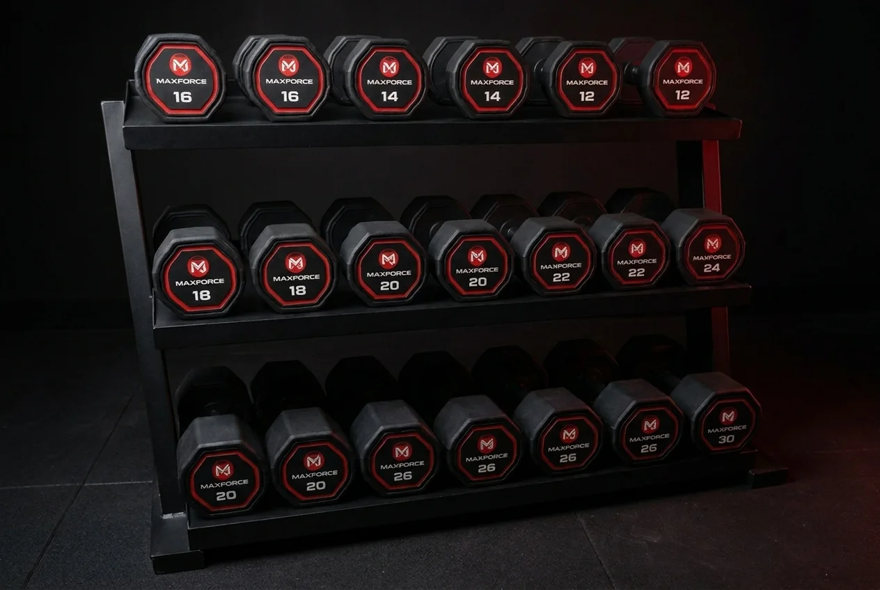 Rack de halteres emborrachados MAXFORCE em estúdio escuro